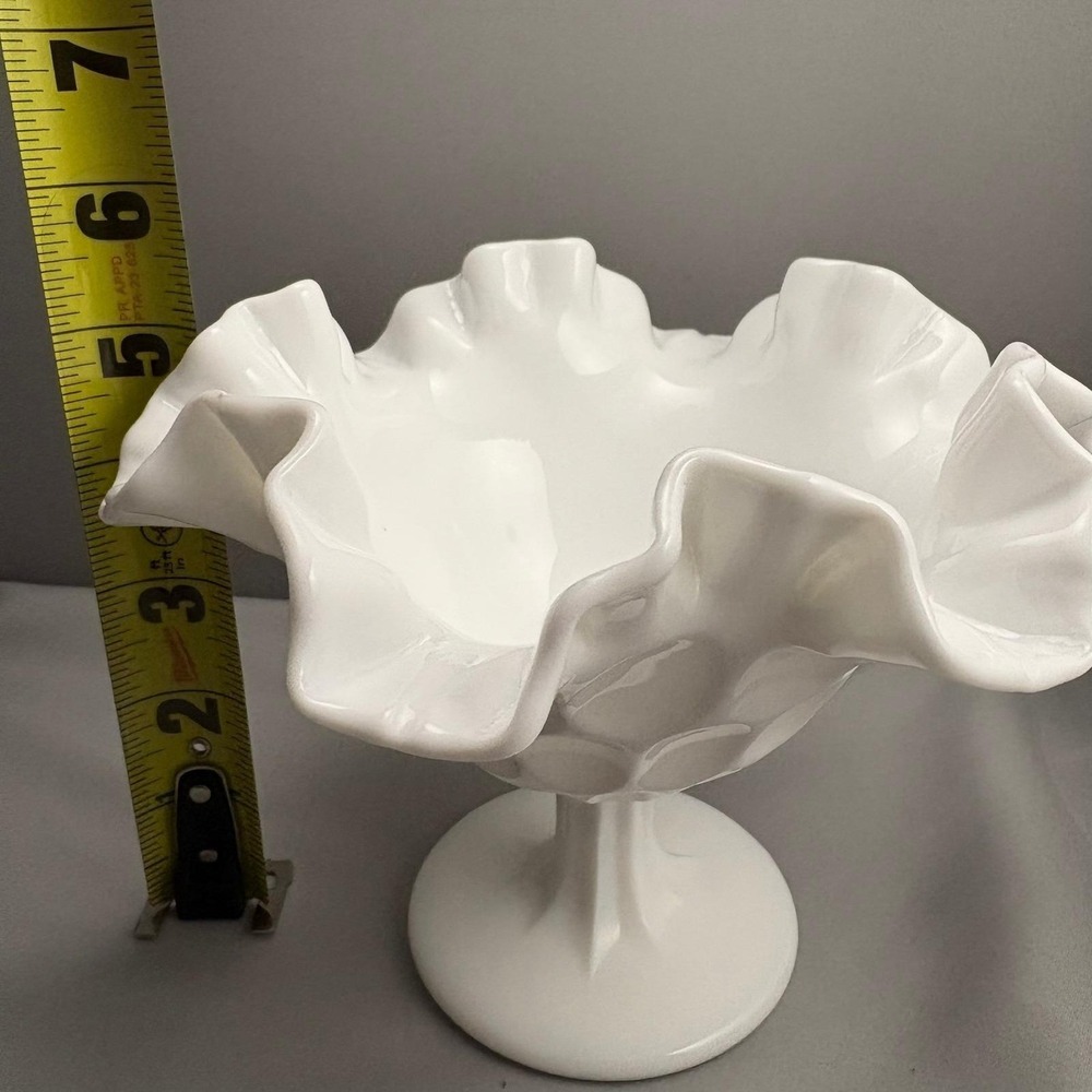 Fenton White Milk Glass Thumbprint Compote Pedestal Bowl Ruffled Edge Vintage 5" - Picture 7 of 8